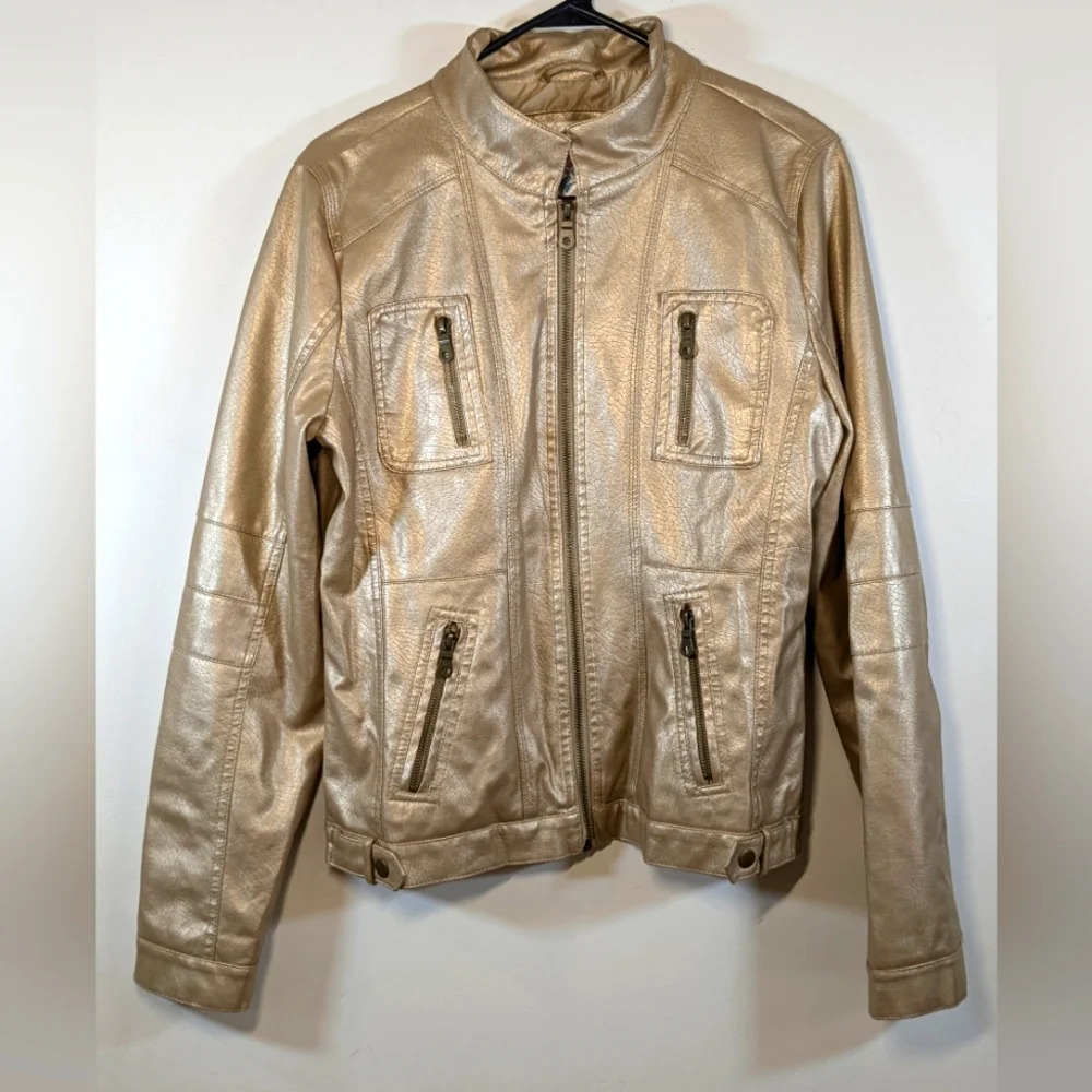 Frida G  women's light gold faux leather jacket, size M
